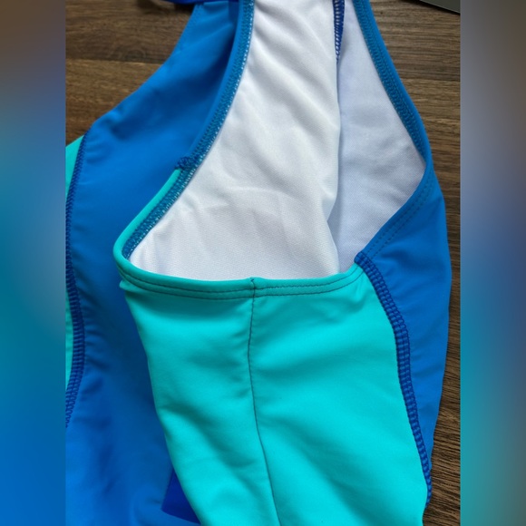 BIKINX Blue Colorblock High Neck Gold Zip Front One Piece Swimsuit Sleek | Sz XL - Picture 6 of 10